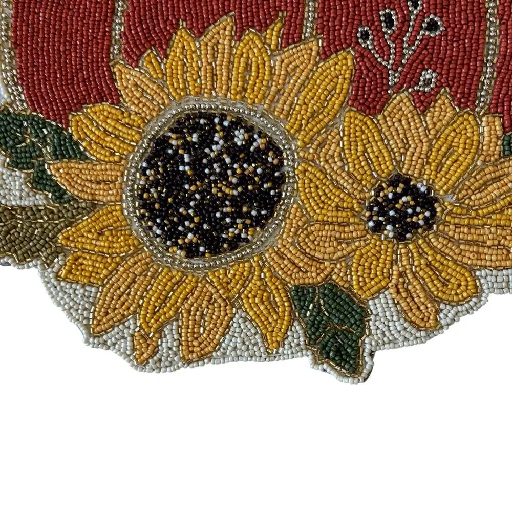 Tahari Home Pumpkin w/ Sunflower Beaded Placemat 13in Chic Fall Decor NEW
